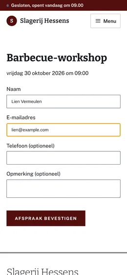 Barbecue-workshop, vrijdag 30 oktober om 09:00: haar naam en e-mailadres, en de knop Afspraak bevestigen.