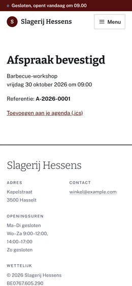 Afspraak bevestigd: Barbecue-workshop, referentie A-2026-0001, met Toevoegen aan je agenda.