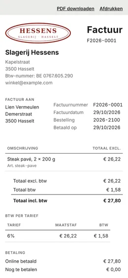 Factuur F2026-0001 op een telefoon, op de site van Slagerij Hessens.