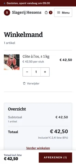 Het winkelmandje van Slagerij Hessens op een gsm: Côte à l’os, ± 1 kg, € 42,50, en de knop Afrekenen.