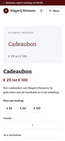 De pagina Cadeaubon van Slagerij Hessens op een gsm: kies € 25, € 50 of € 100.