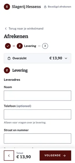 Afrekenen bij Slagerij Hessens, stap 2: haar leveradres.
