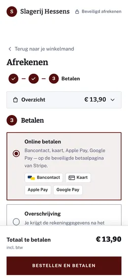 Betalen bij Slagerij Hessens op een telefoon: online met Bancontact, kaart, Apple Pay of Google Pay, of per overschrijving.