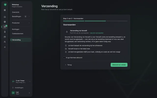 Stap 2 van 3, de voorwaarden van Verzending via Verselli: je klant betaalt de verzending, Verselli koopt er het label mee.