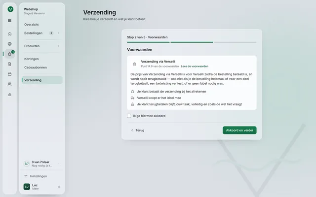 Stap 2 van 3, de voorwaarden van Verzending via Verselli: je klant betaalt de verzending, Verselli koopt er het label mee.