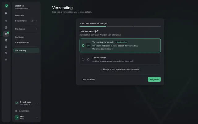 Verzending instellen in de Werkplek, stap 1 van 3: Verzending via Verselli (aanbevolen) of Zelf verzenden.