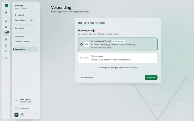 Verzending instellen in de Werkplek, stap 1 van 3: Verzending via Verselli (aanbevolen) of Zelf verzenden.