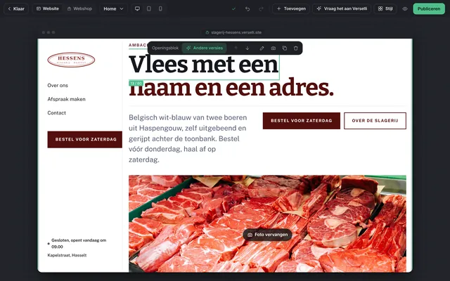 De ontwerpstudio met de homepagina van Slagerij Hessens en de knoppen van het gekozen blok.