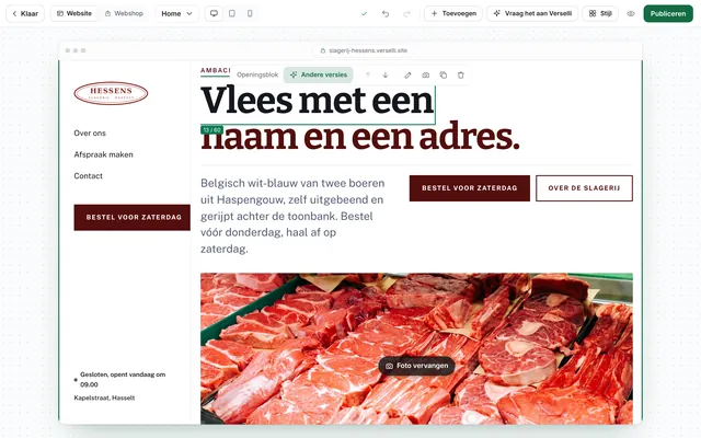 De ontwerpstudio met de homepagina van Slagerij Hessens en de knoppen van het gekozen blok.