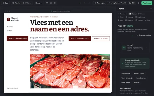 Het paneel Thema: kies een thema, in groepen als Ambachtelijk, Modern & strak en Luxe & donker.