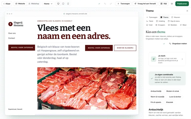 Het paneel Thema: kies een thema, in groepen als Ambachtelijk, Modern & strak en Luxe & donker.