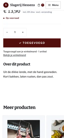 Toegevoegd: de steak pavé ligt in haar winkelmand, 1 artikel.