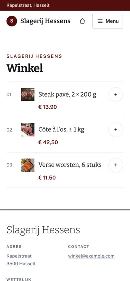 De winkel van Slagerij Hessens op een gsm: steak pavé, côte à l’os en verse worsten, met hun prijs.