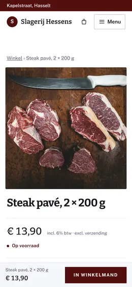 Steak pavé, 2 × 200 g, € 13,90, op voorraad, met de knop In winkelmand.