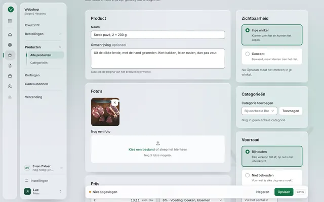 Een product aanmaken in de Werkplek: Voorraad bijhouden, elke verkoop telt af, op nul is het uitverkocht.