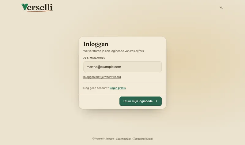 Inloggen in de Verselli-studio met een e-mailadres