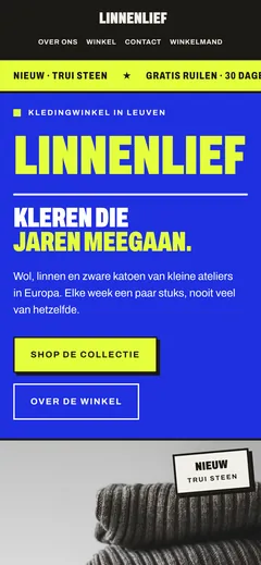 De homepagina van Linnenlief, een kledingwinkel in Leuven, in het ontwerp Groot: de naam in grote gele letters op blauw.