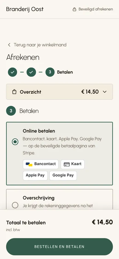 Afrekenen met Bancontact, kaart, Apple Pay of Google Pay.